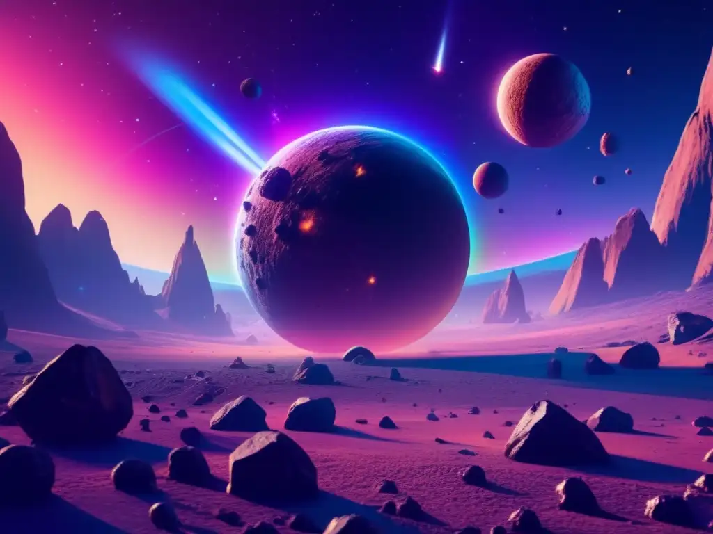 A breathtaking image of a blue planet engulfed by a swarm of rocky asteroids, set against a backdrop of pulsating auroras