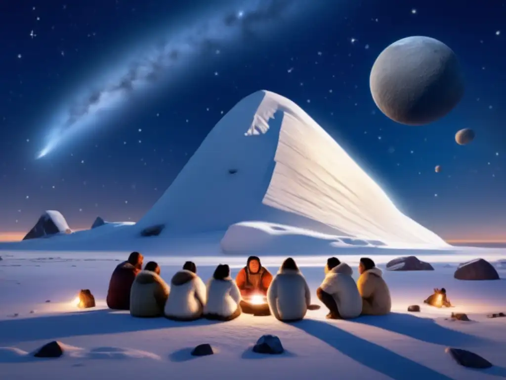 Inuit Mystique: Asteroid Worship in the Arctic Night The mystical dance of celestial bodies under the vast Arctic sky as an Inuit tribe picnics, drawn together by the rare passage of a dazzling asteroid