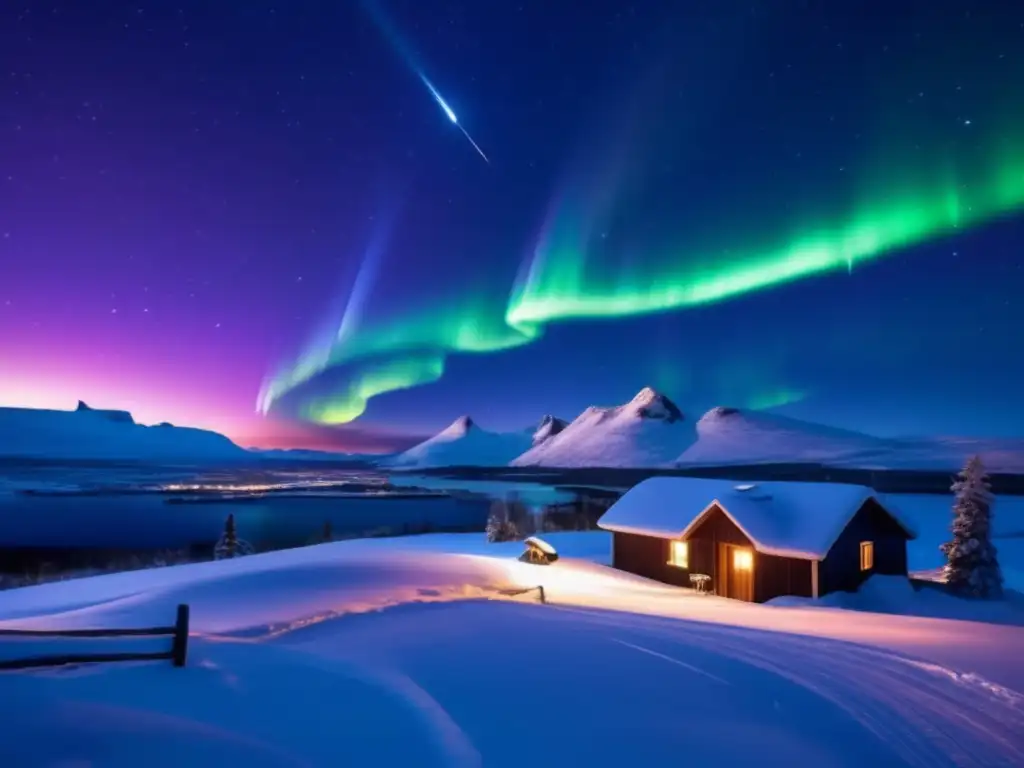 A mesmerizing photorealistic image of a fiery meteor shooting across the night sky, lit up by the Northern Lights in the background