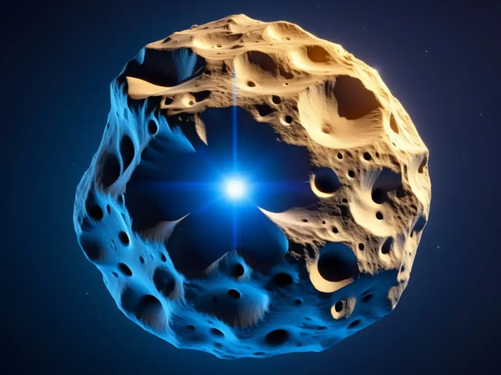 Ausonia, an 8k ultradetailed photograph capturing the mysterious asteroid's unusual shape and surface features, revealed in photorealistic style