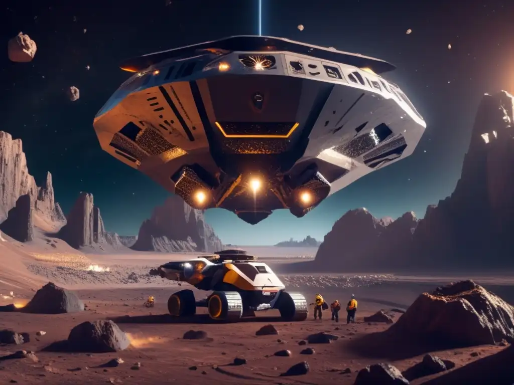 A thrilling image of an asteroid teeming with mining activity: drones, helicopters, and spacecraft extracting precious metals and minerals