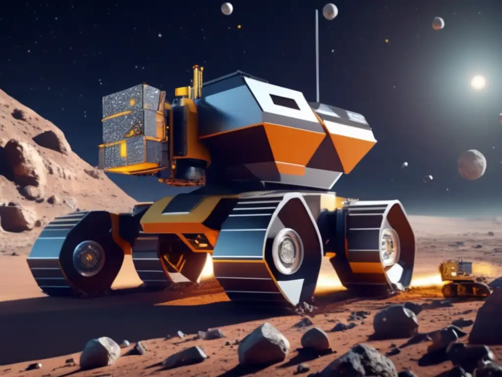 Infinity's reach- 
An impressive autonomous robotic system extracting essential minerals from an asteroidoid in space, viewed aerial