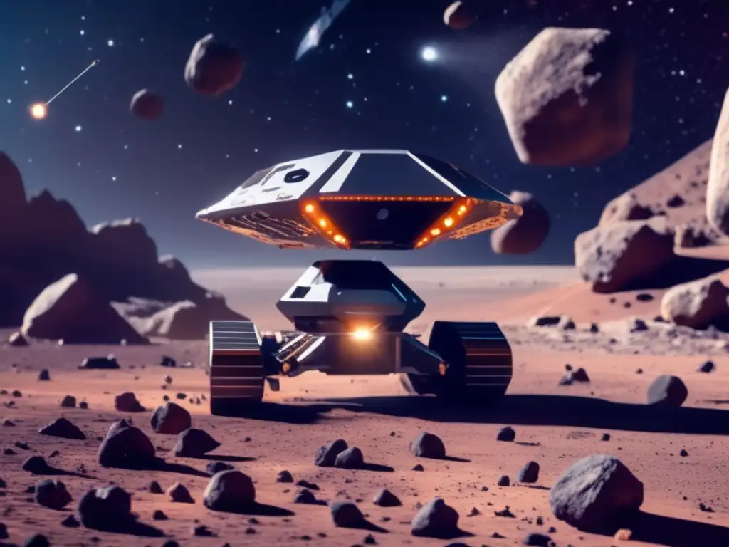A breathtaking image of an autonomous robot mining valuable resources from an asteroid in outer space