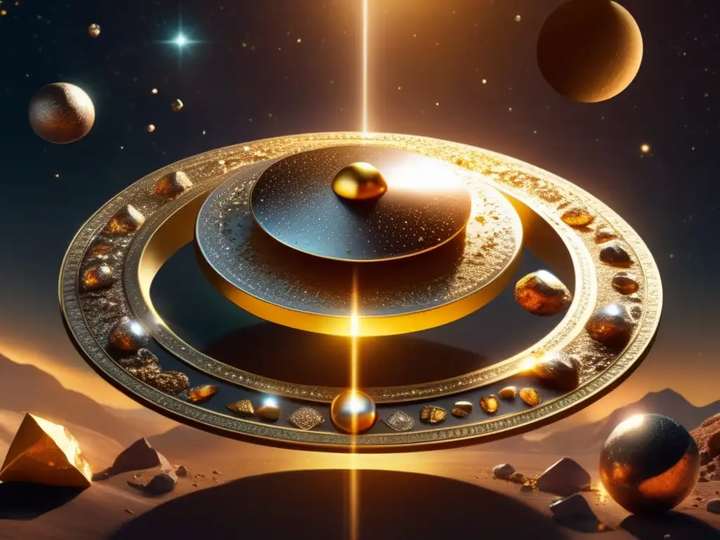 A golden disc filled with sacred Avestan texts floats around a celestial body, surrounded by diverse asteroids in flight