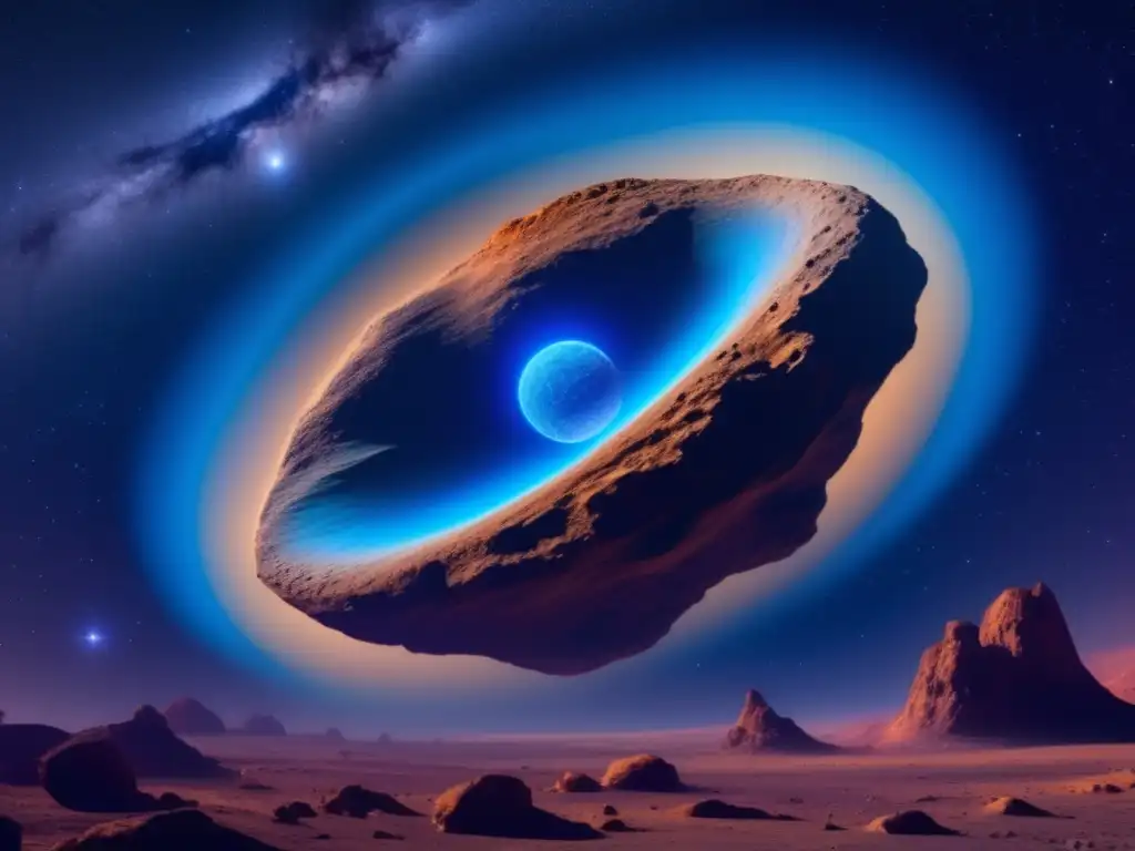 Astral Dance: The Cradle of Life on a Floating Asteroid An electric blue asteroid floats in a dark, starry void, radiating a pulsating light that reveals jagged cliffs etched with intricate carvings