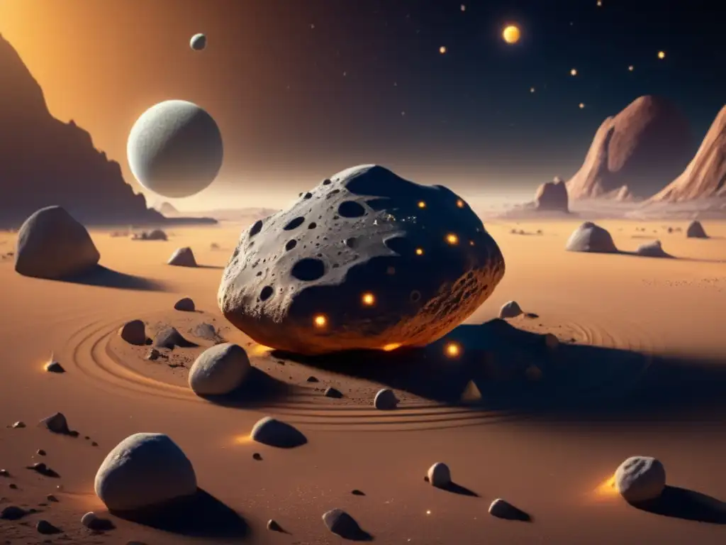 Asteroid B612: Photorealistic Detail A stunning photorealistic image of Asteroid B612 from 'The Little Prince,' showcasing its intricate, uneven cratered surface and diverse rock formations, with a vivid color palette that perfectly captures its unique appearance and texture