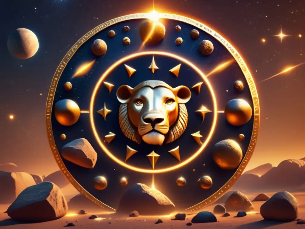 Balanced Beauty: Photorealistic Babylonian Golden Zodiac with Asteroids A breathtaking photorealistic depiction of the Babylonian golden zodiac, with clusters of asteroids glowing against a cool blue sky