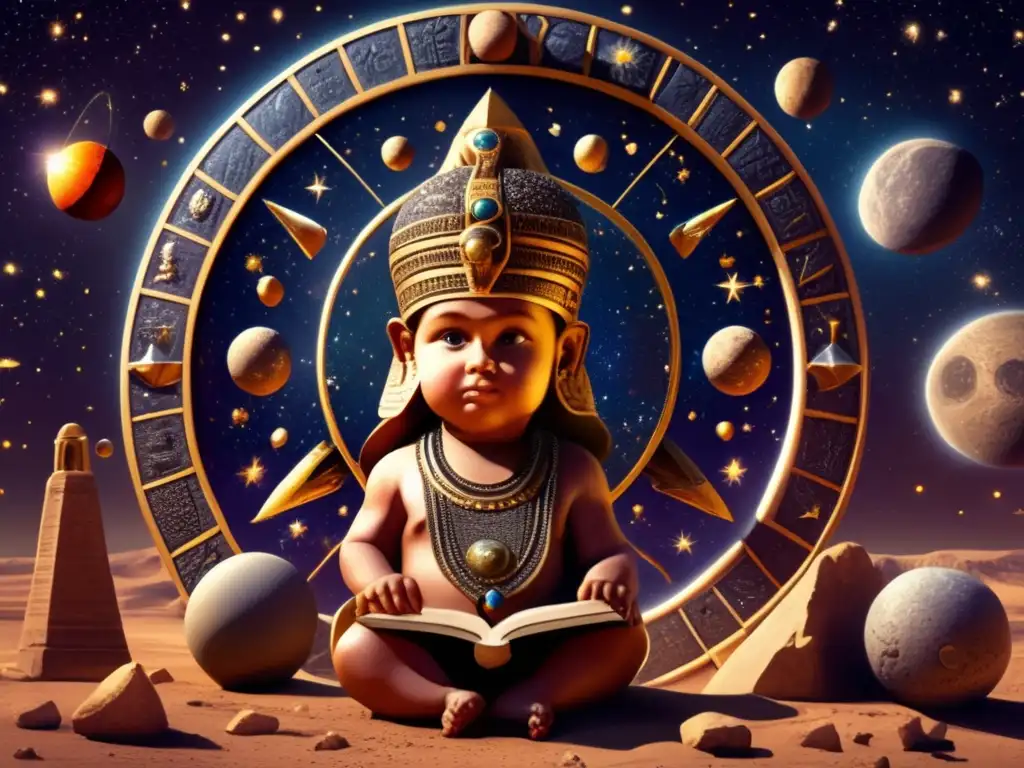 Astronome in Awe: Babylonian Study of the Ancient Zodiac A breathtaking photograph captures the beauty of celestial objects, including tidal locking asteroids, surrounding the Babylonian astronome as they study the ancient zodiac with an astrolabe