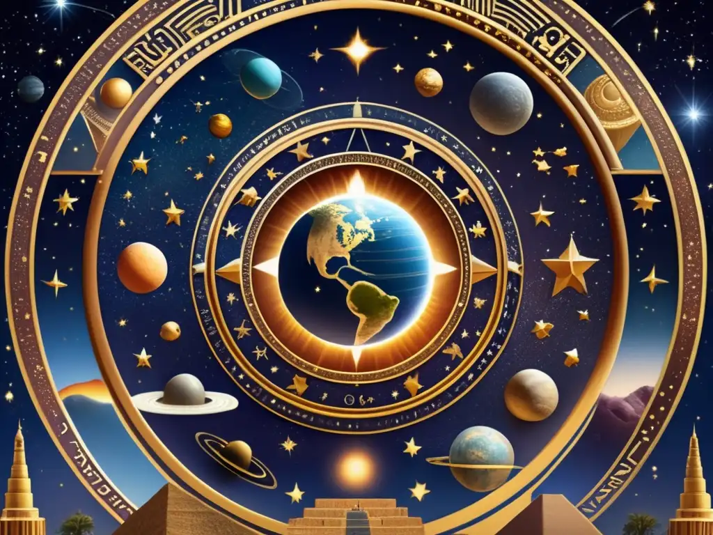 Photorealistic Babylon: Zoomed-In Cosmos and Ancient Architecture A mesmerizing photorealistic image of the cosmos, with Earth in focus, showcases Babylon's ancient architecture and astronomical symbols