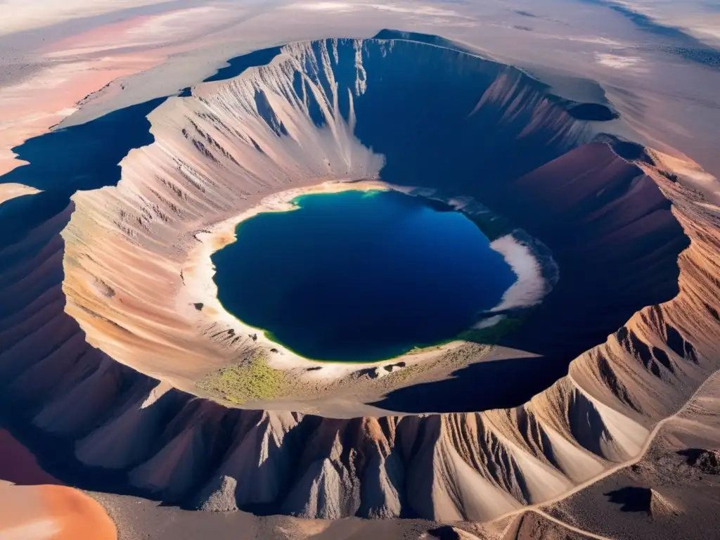 Aerial Spectacle: Barringer Crater Revealed in High-Resolution Detail Captures the dramatic beauty of the Barringer Crater seascape with over 1K pixels - Juxtaposes the old and new - The rising steam and tailings contrast with the vibrant colors of the surrounding flora - Multiple aerial drones showcase the crater's full extent - Hi-res satellite imagery and digital enhancements take the viewer on a thrilling journey through time and space