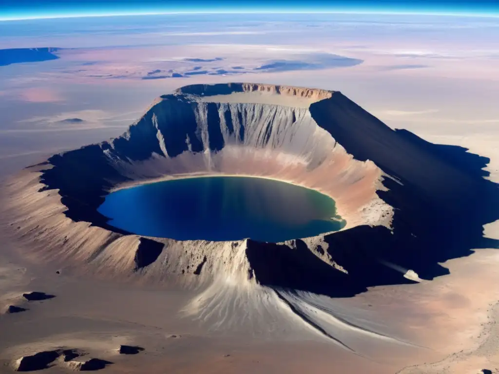 Impact at Scale: Barringer Crater and Earth Satellite View This photorealistic image of the Barringer Crater reveals a central impact site with satellite image of Earth, offering a glimpse into the massive impact's consequences on our planet