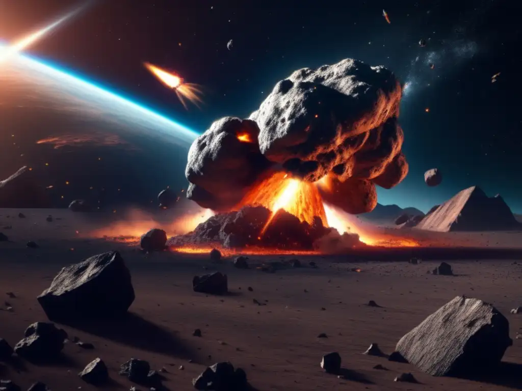 Asteroid Defense War: A Fiery Clash in the Cosmos A fierce battle unfolds in the remote reaches of space as a defense spacecraft strikes a destroyed asteroid