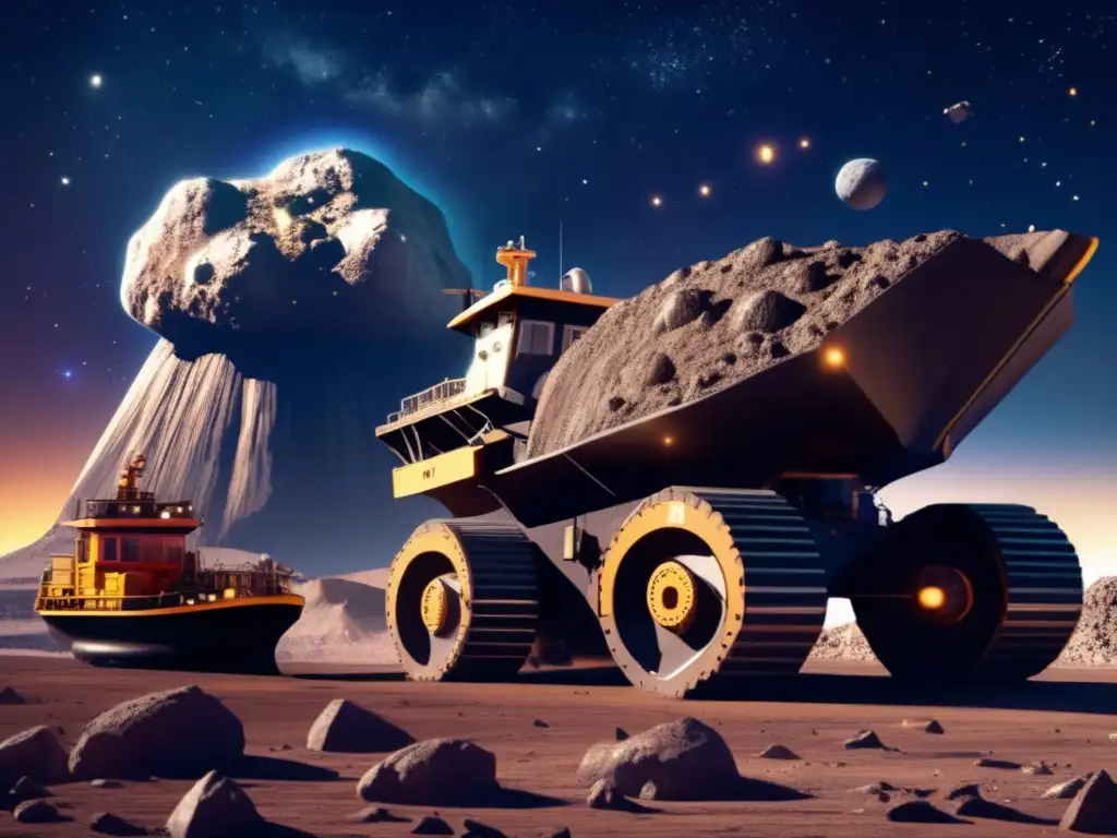 A massive asteroid dominates the scene, casting a reflective glow on the tugboat and mining equipment below