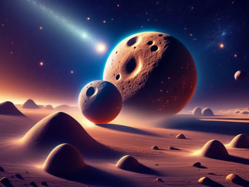 A breathtaking photorealistic image of two asteroids, 1998 OR2 and its smaller companion, orbiting each other in a stream of glowing dust particles