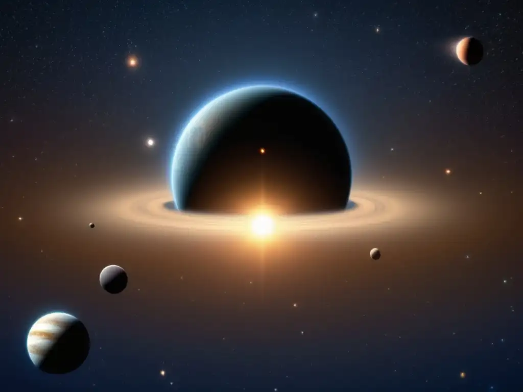 A stunning binary companion star 2006 RH120 with its planetary system in orbit, photorealistically captured in a grand, ornate habitat