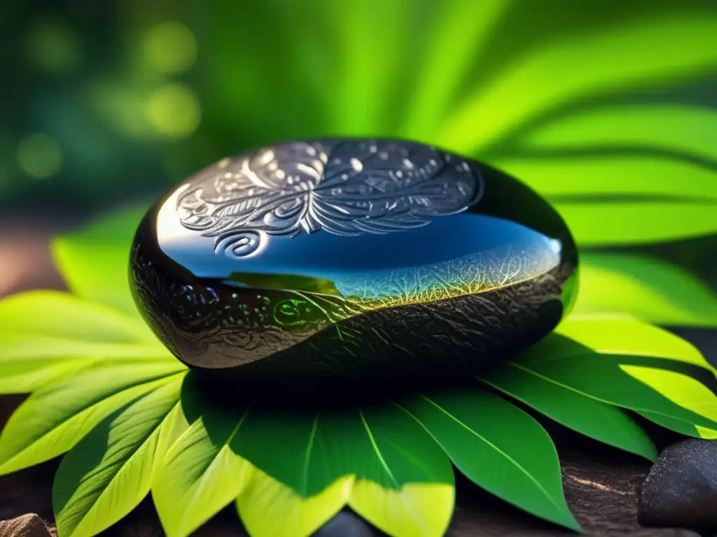 An awe-inspiring black rock, intricately etched with geometric patterns, stands tall amidst a verdant canopy