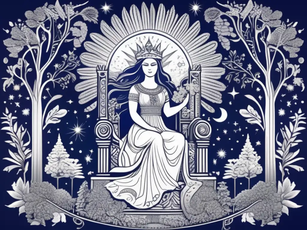 Throne of the Goddess: Blodeuwedd in a Photorealistic Landscape Blodeuwedd, the mythical queen of Wales, reigns over a breathtaking world of enchantment