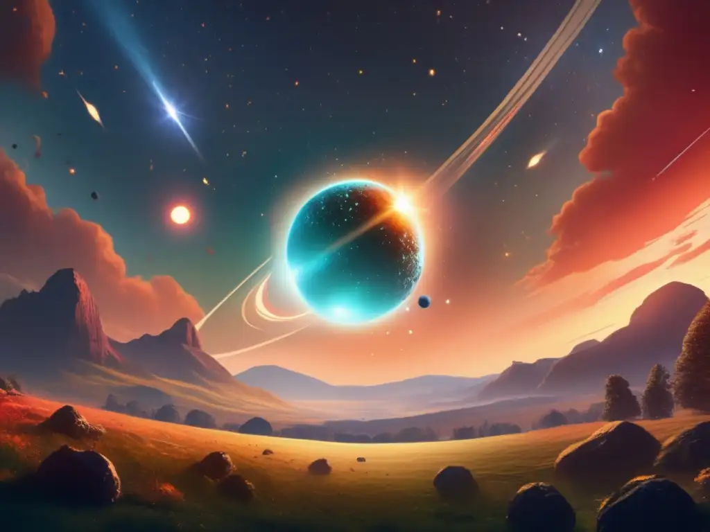 A vivid image of a pale blue orb in a golden halo, casting an eerie glow over a lush greena landscape