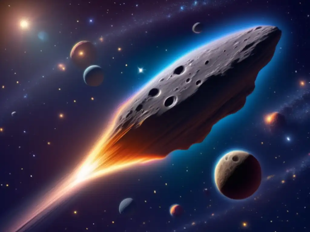 A breathtaking illustration of the comet-like asteroid, Borrelly, floating in the cosmos with its glowing cometary tail