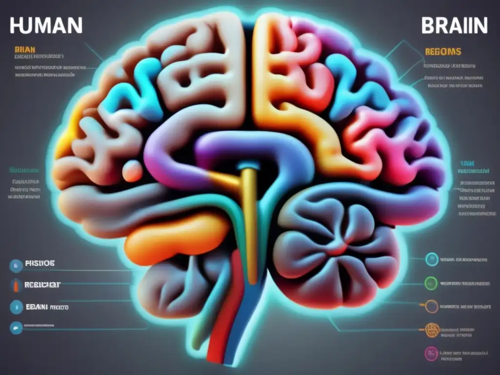 Exploring the Complex Palette of the Human Brain A photorealistic detailed depiction of the human brain viewed from the front, with various regions labeled and highlighted in different colors