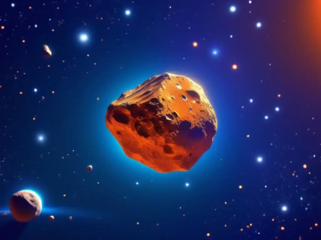 Closeup of a vibrant orange asteroid with a stunning, reflective surface that captures the essence of space's beauty and mystery