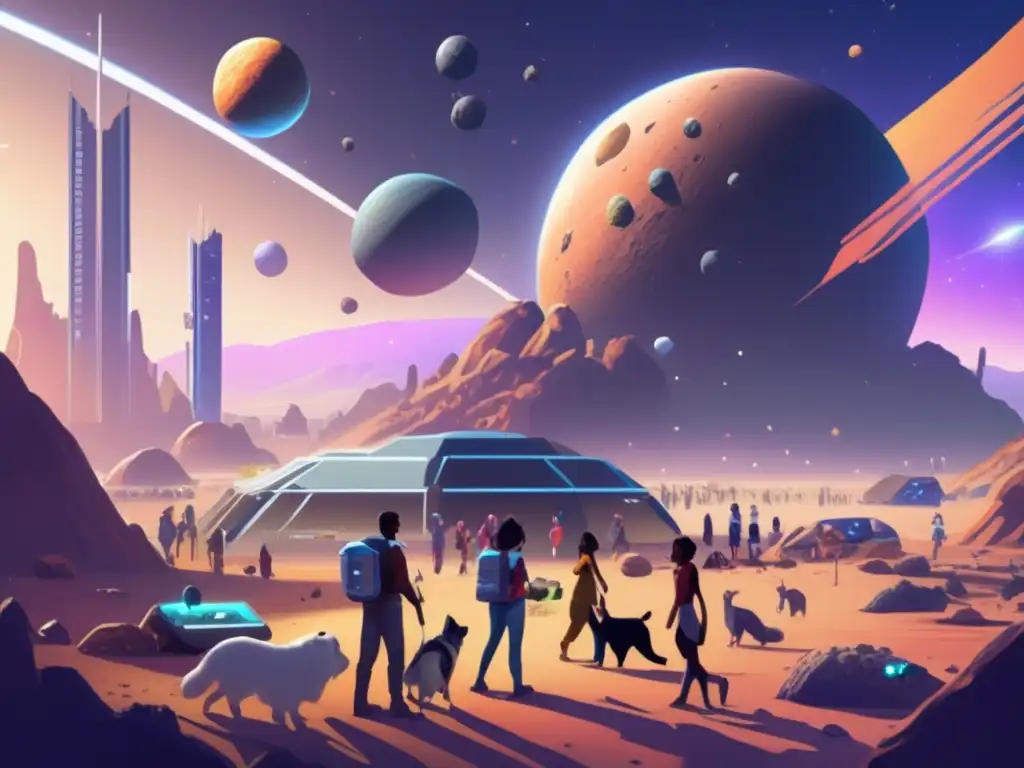 Vibrant Asteroid Colony: Coexistence and Innovation in Space A bustling asteroid colony, backed by vibrant lighting and diverse cultures, exudes an inviting atmosphere of technological innovation and coexistence