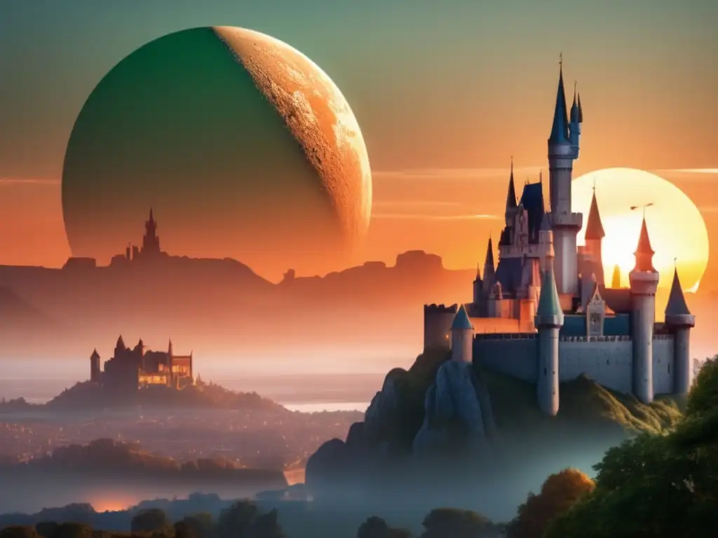 Intricate castle skyline at dawn with asteroid shadow in background, hunting for space rocks as seen in French legends