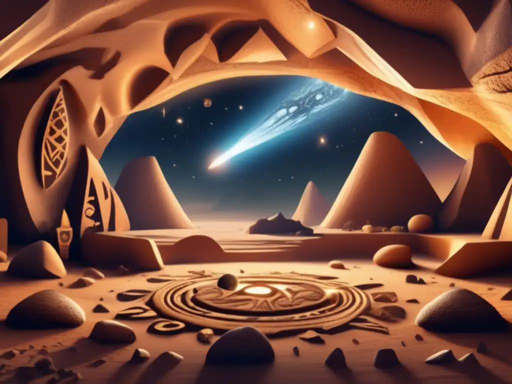 A stunning prehistoric cave painting of a celestial body, depicting a large asteroid or comet in the sky, surrounded by intricate symbols and patterns