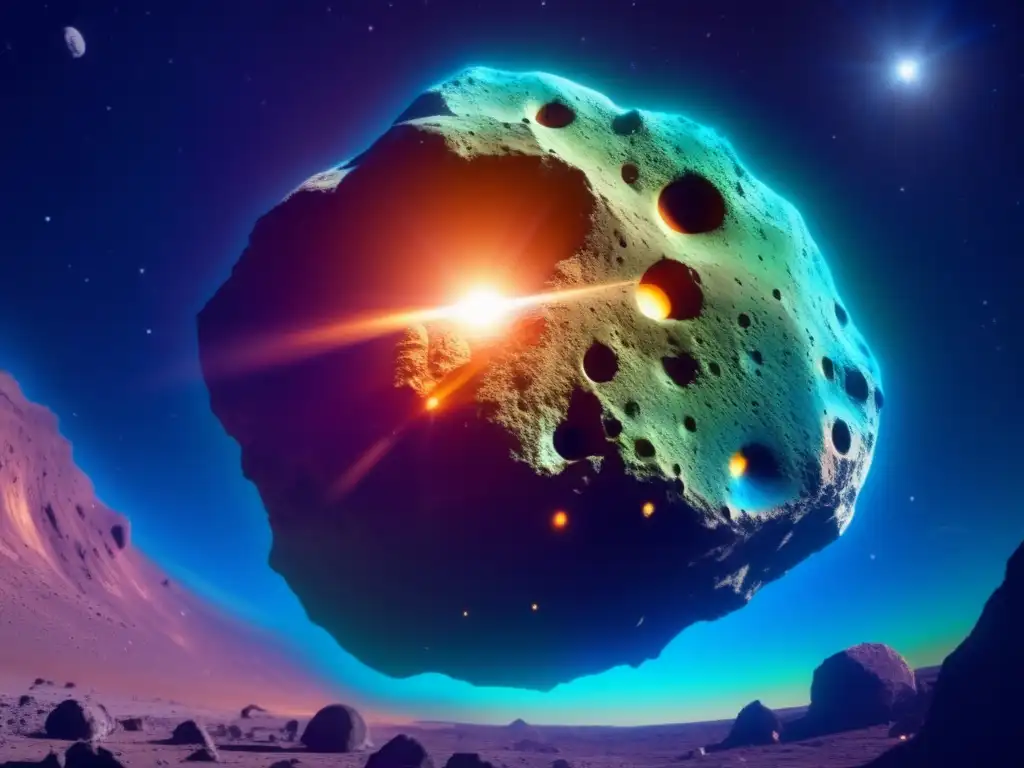 Mysterious Asteroid in Roman Mythology: A Celestial Closeup A mysterious celestial body in the form of an asteroid, with a jagged terrain and dark craters, revealing a sense of wonder and awe