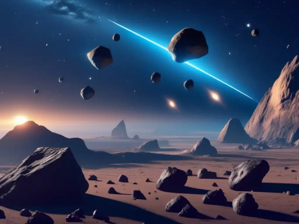 A surreal incoming asteroid field, with colossal space rocks- - Swiftly absorbing iridescent light from the azure sky- - Textured surfaces shimmer with reflection- - Serenely floating in correct perspective- - Asteroid edges extending inward or outward- - Rich, detailed sky with clouds in diverse hues- - Golden sun radiating warmth- - Foreground minutesshaped asteroids with complex designs and green moss- - Discover the resilience of life in these extreme conditions