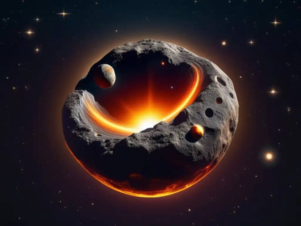 Dazzling Asteroid: Celestial Stone from a Cosmic Explosion A captivating celestial stone, radiating warmth and bearing a primordial birthmark floats against a mysterious black space background