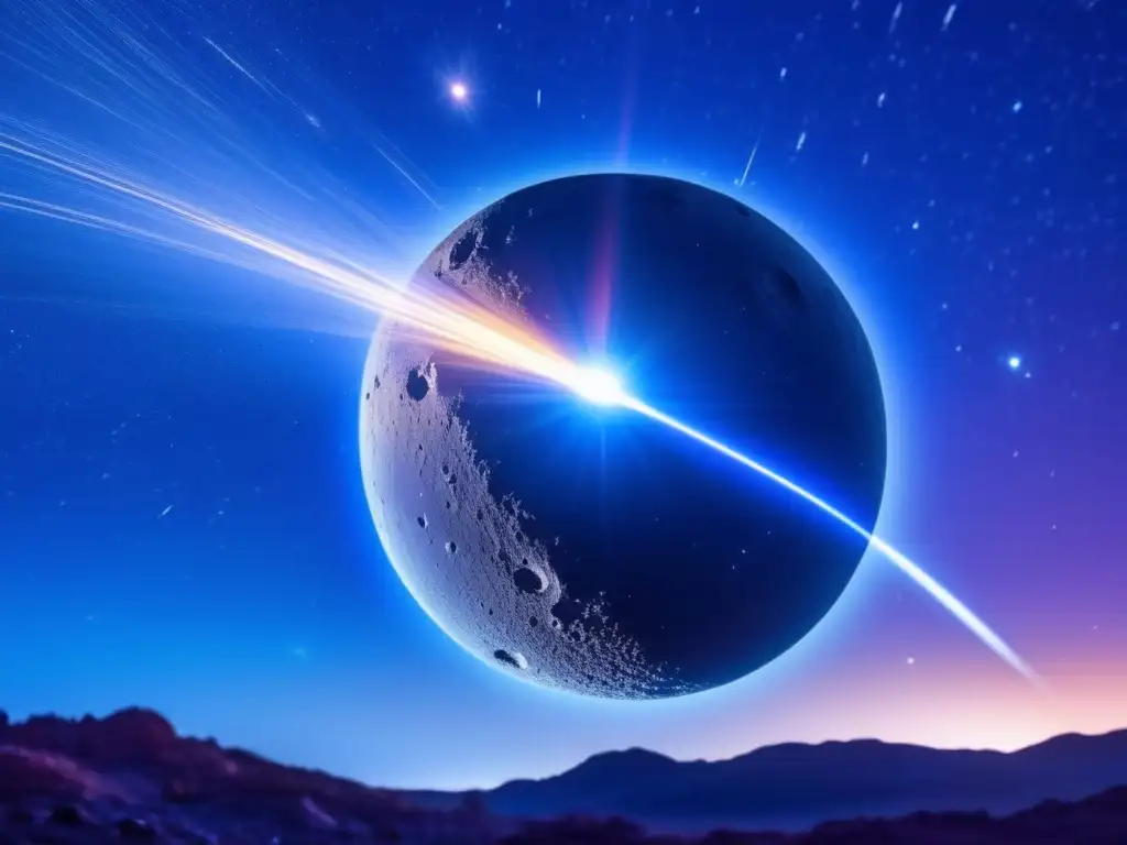 Stunning Asteroid Light Show: A Photorealistic Masterpiece of the Cosmos A state-of-the-art telescope captures a celestial body in vibrant blue hues, surrounded by a stunning light show