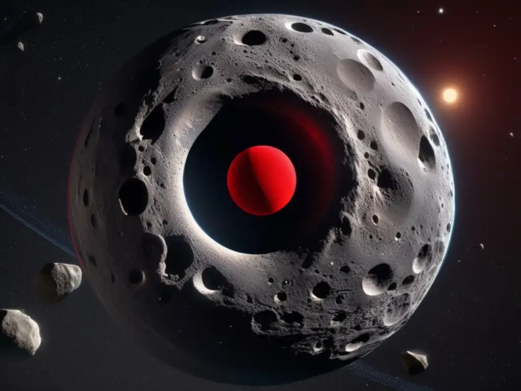 A stunning high-resolution photograph of Nisus, a rocky asteroid adorned with craters and grooves, surrounded by a red ring