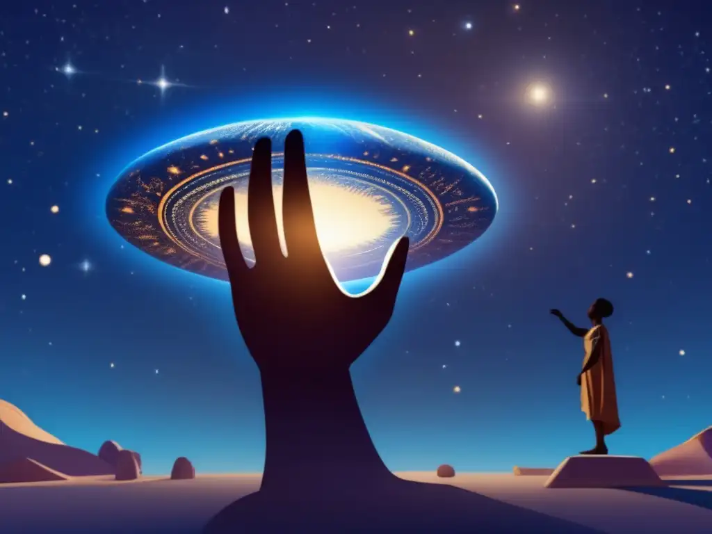 African Mythology Celestial Stone: Cosmic Connection with Ancestors A celestial stone, suspended in space against a deep blue and cosmic backdrop, radiates a mysterious aura