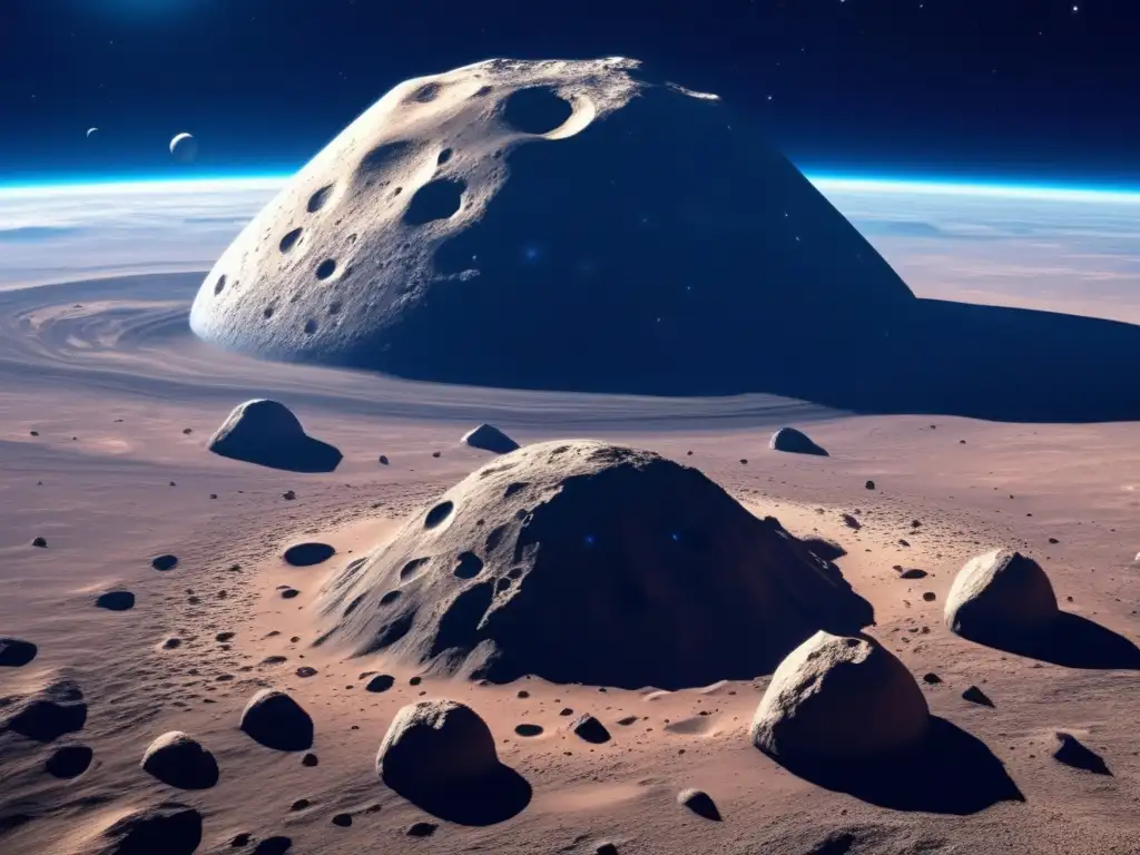 Awe-inspiring closeup of a massive asteroid with intricate surface details and deep shadows, floating above an Earth-like planet