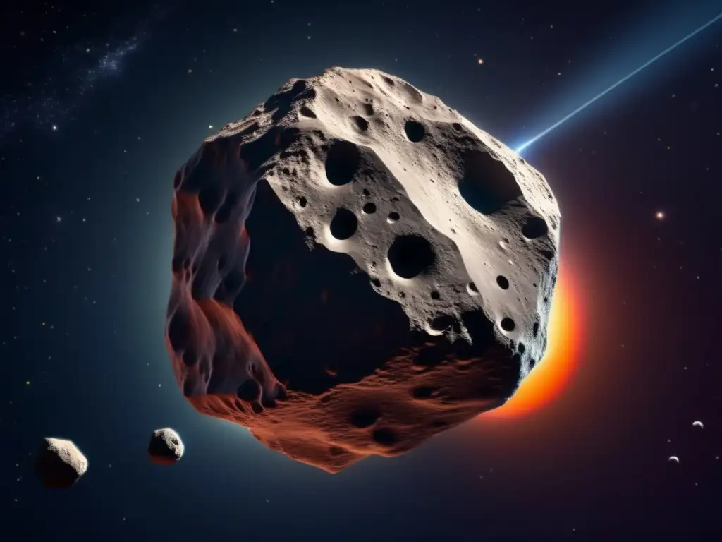 An exquisitely detailed photorealistic image of an asteroid, sharply illuminated against a bleak cosmic backdrop