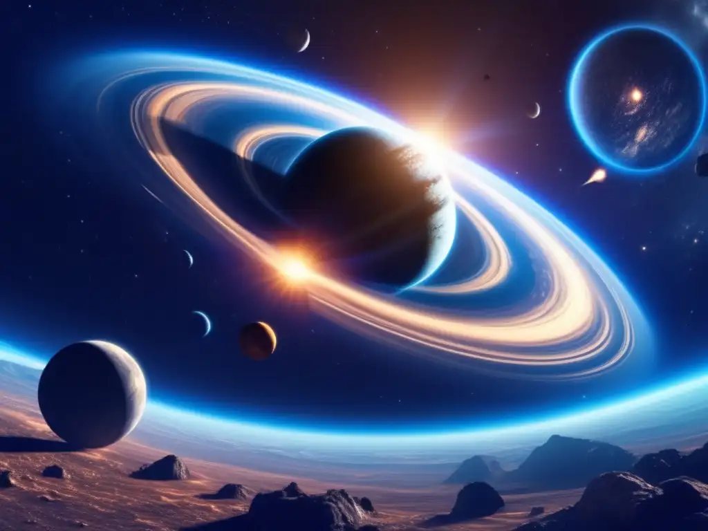 Stellar Impact: A Celestial Orbit Challenged by Asteroid Whirlpool A captivating image of a celestial body swirling in space, with a planet at its core and an asteroid impacting the planet's atmosphere
