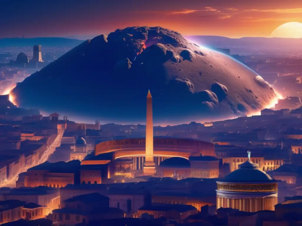 Asteroid Invasion: Ancient Rome's Panoramic PerspectiveA An ominous asteroid casts a shadow over ancient Rome, its jagged form illuminated by a bright aura