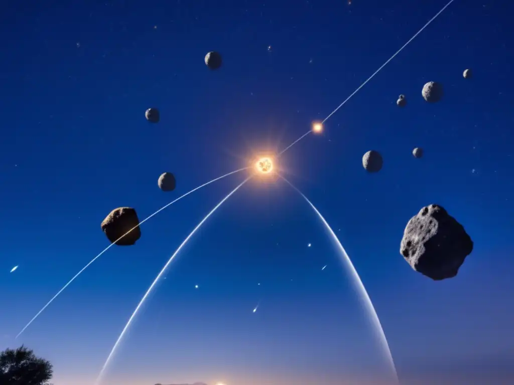 Dash: 'Celestial Wonders: A Photorealistic Portrait of Asteroids and Planets in Orbit' A stunning photograph captures the beauty of a clear night sky with several asteroids visible, each showcasing its unique shape, size, and brightness