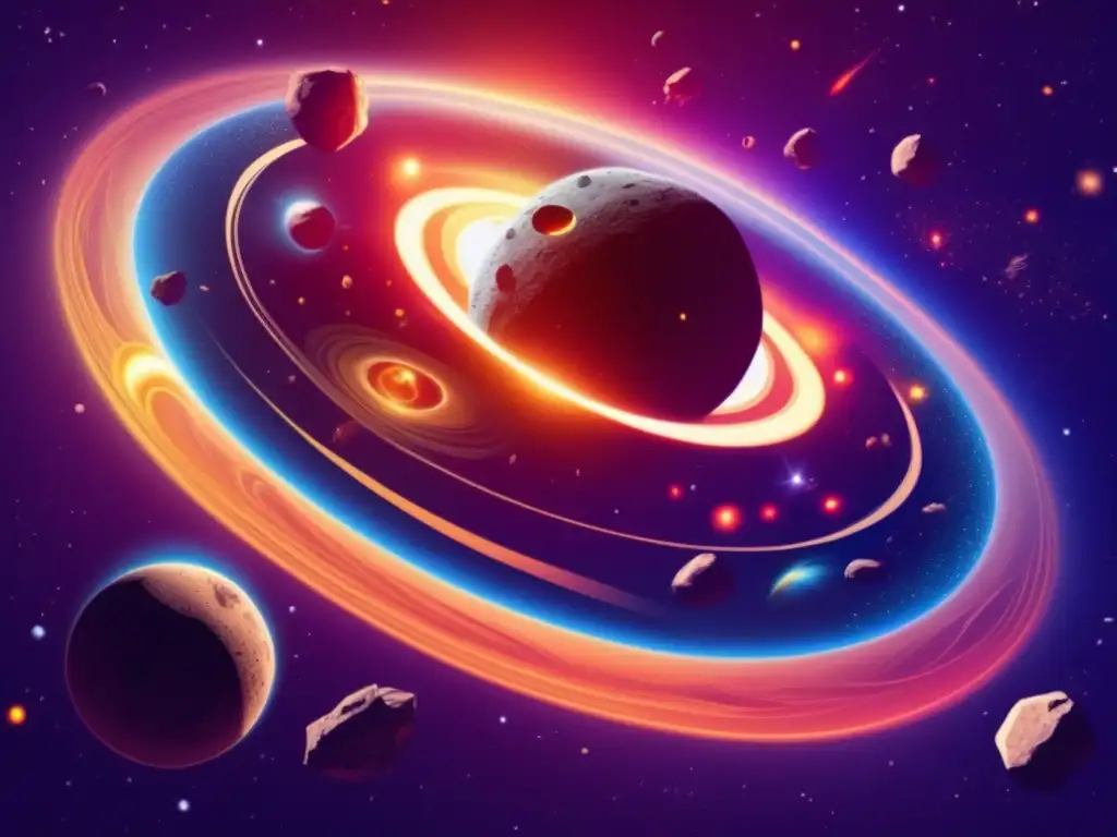 Celestial orbital system with asteroids swirling in chaotic dance, luminous sun in center