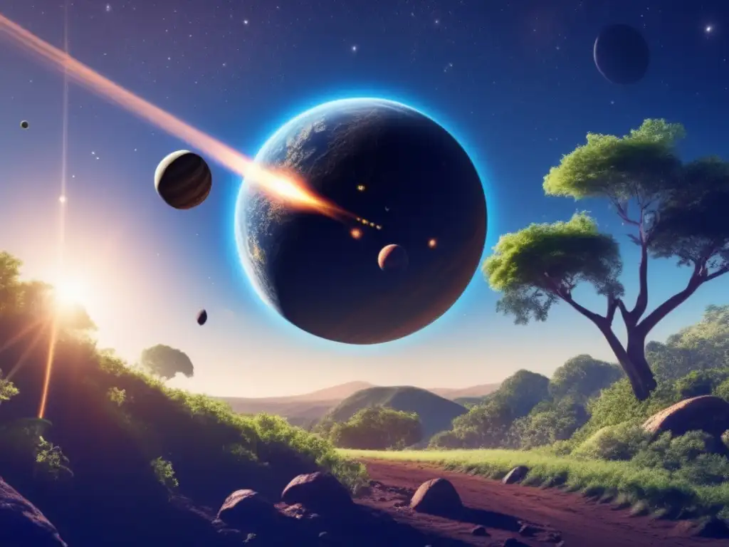 A captivating photorealistic depiction of a planet-like celestial body rotating on its axis, with an asteroid in orbit above its lush blue sky