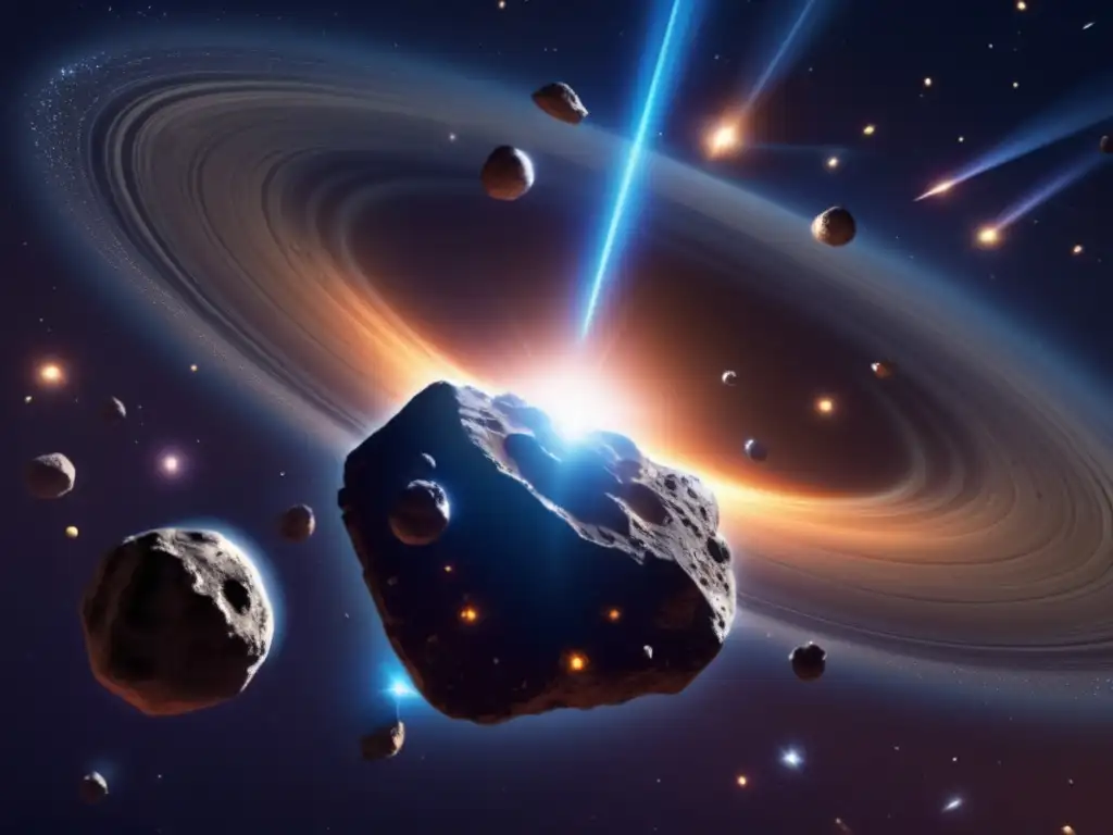 A captivating photorealistic depiction of a celestial cluster, featuring diverse asteroids orbiting a central star, each with its own unique shape and color