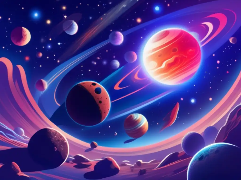 A mesmerizing celestial sphere, adorned with vivid asteroids of white and reddish tones
