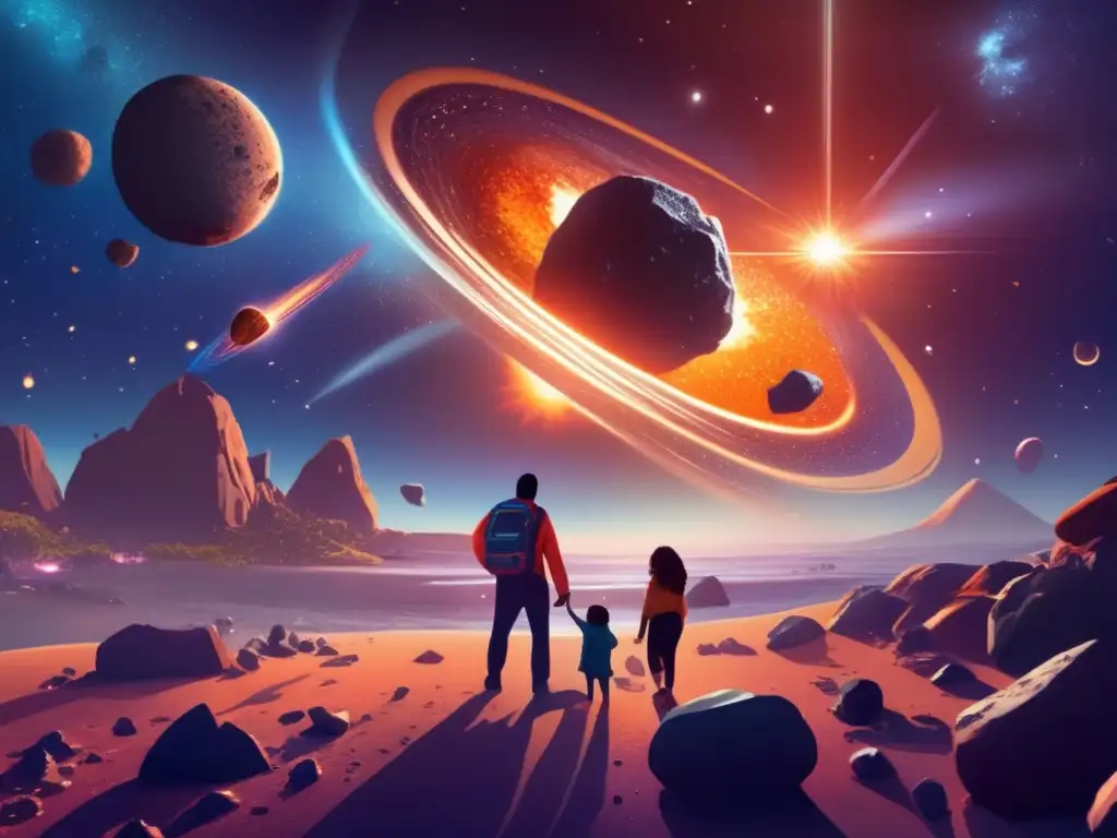 A mesmerizing cosmos with swirling galaxies, a lonely asteroid looms foreground, surrounded by smaller rocks