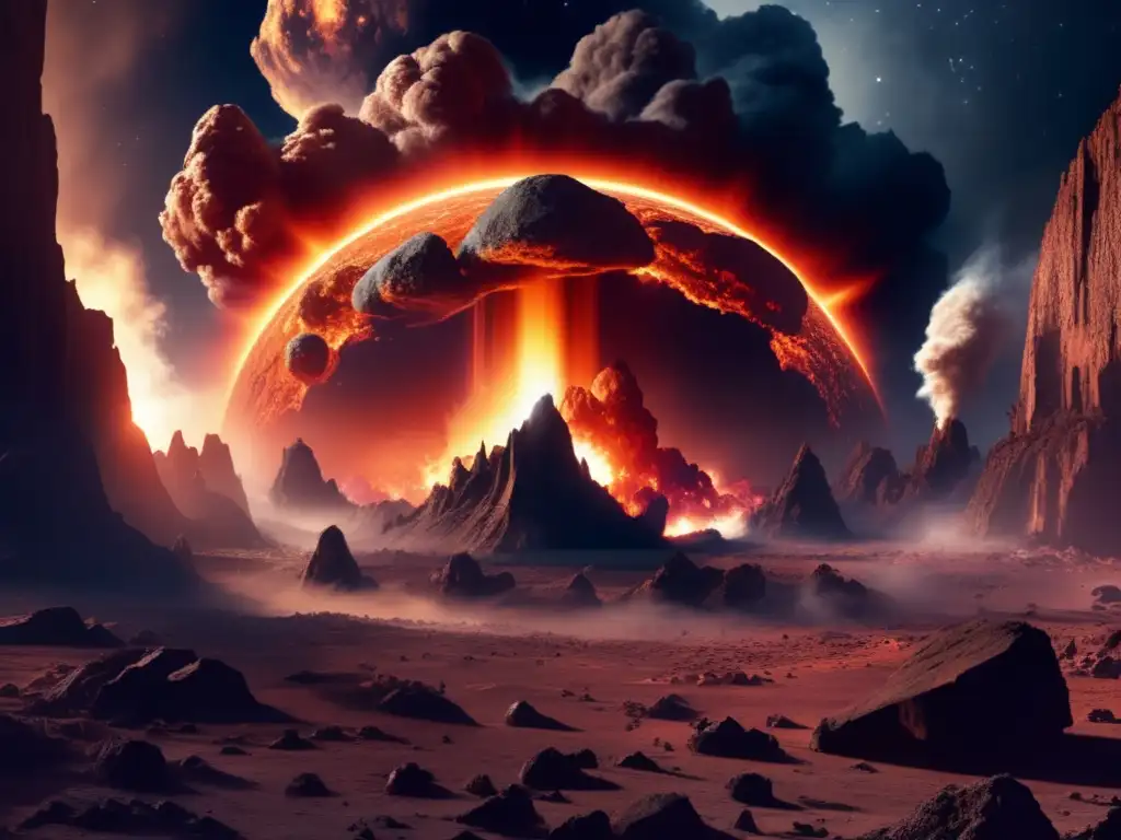 Asteroid Impact: Celestial Body Blasted by Fire & Smoke A celestial body in the center of the image, surrounded by a curse of smoking destruction of an asteroid impact