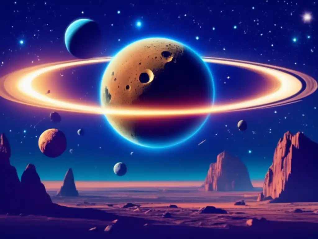 Hector's asteroid strikes a distant planet with a catastrophic explosion, creating a new ring system in a photorealistic digital art