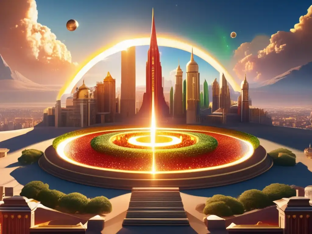 An ethereal photorealistic image of a celestial city, bathed in golden sunlight and surrounded by a halo of golden light