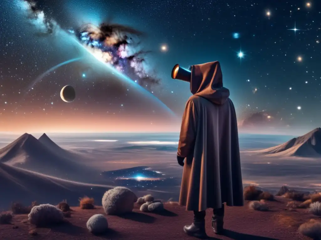 A mesmerizing photo of a hooded figure, masked, bearing a telescope, lost in celestial exploration
