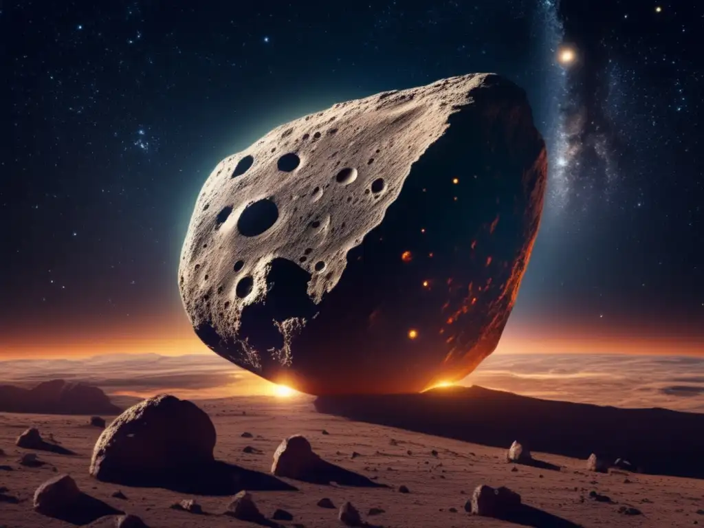 A photorealistic image capturing the intricate surface of a celestial body, possibly an asteroid or comet, seen from a distance on Earth