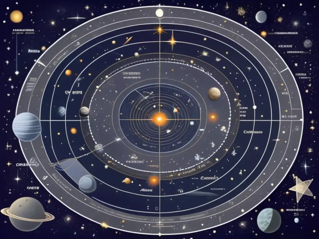 Galactic Discovery: Celestial Map with Asteroids Glowing Lines An intricate celestial map awaits the curious explorer, filled with asteroids depicted in varying shades of gray and highlighted with thin, glowing lines